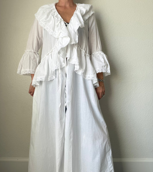 Vintage 1970s Laura Ashley Made in Wales White Cotton Ruffle Dressing Coat