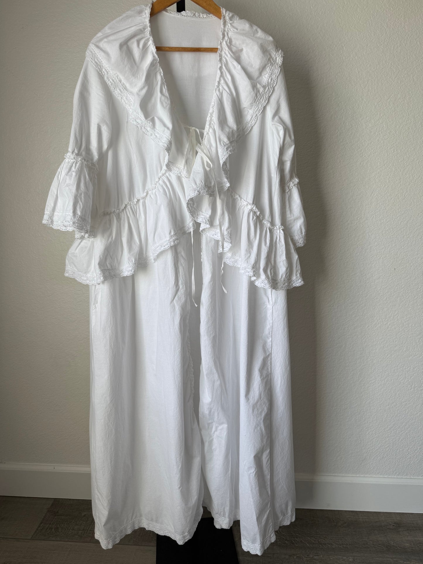 Vintage 1970s Laura Ashley Made in Wales White Cotton Ruffle Dressing Coat